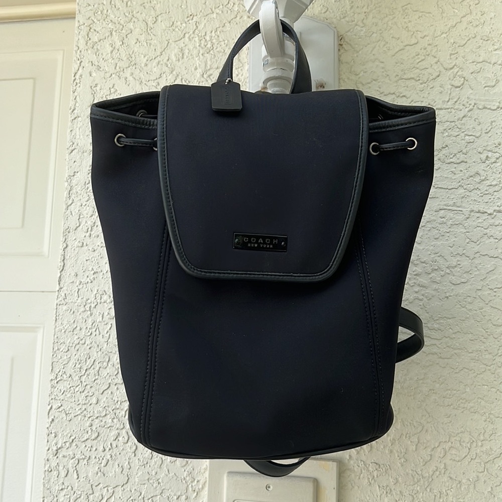 NWOT COACH Black Nylon Fabric Leather Trim Drawstring Flap Backpack